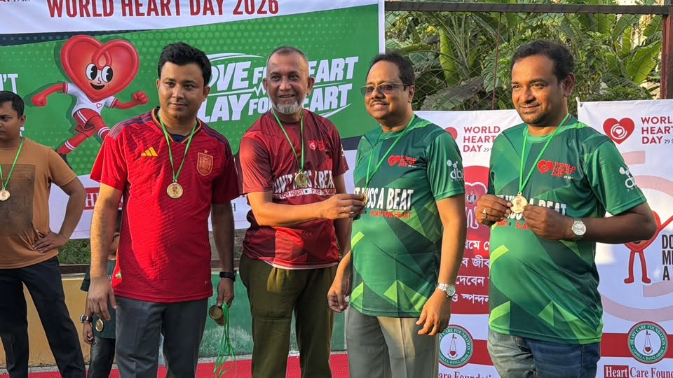 Football for Heart 2026 match action at SK Arena Sports Cumilla.