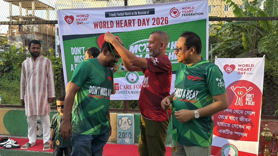 Football for Heart 2026 match action at SK Arena Sports Cumilla.