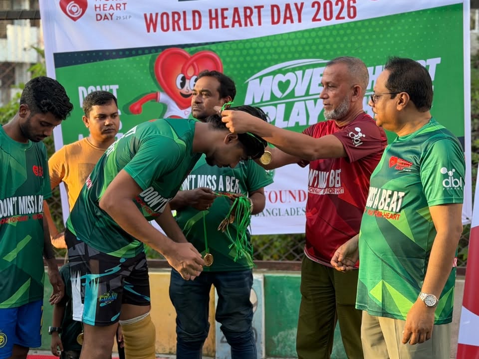 Football for Heart 2026 match action at SK Arena Sports Cumilla.