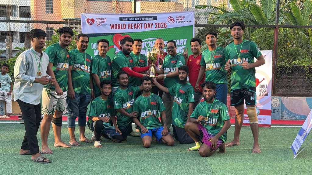 Football for Heart 2026 match action at SK Arena Sports Cumilla.