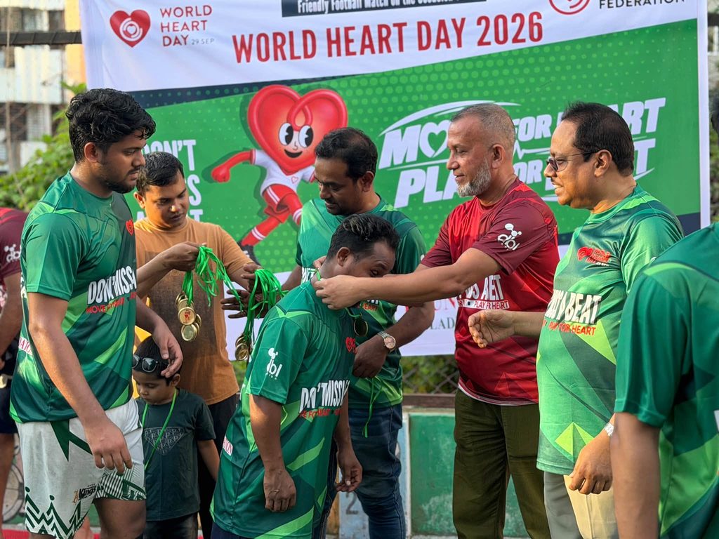 Football for Heart 2026 match action at SK Arena Sports Cumilla.
