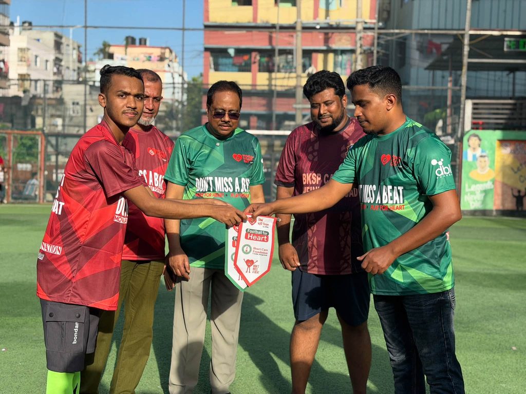 Football for Heart 2026 match action at SK Arena Sports Cumilla.